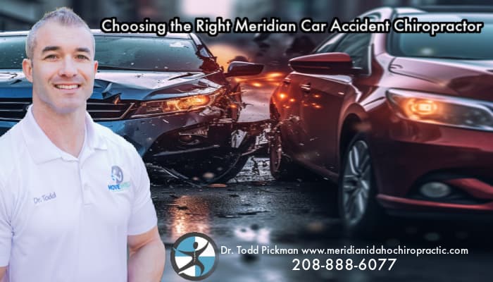 Car Crash Scene in Meridian Idaho with text Choosing the Right Meridian car collision injury chiropractor.