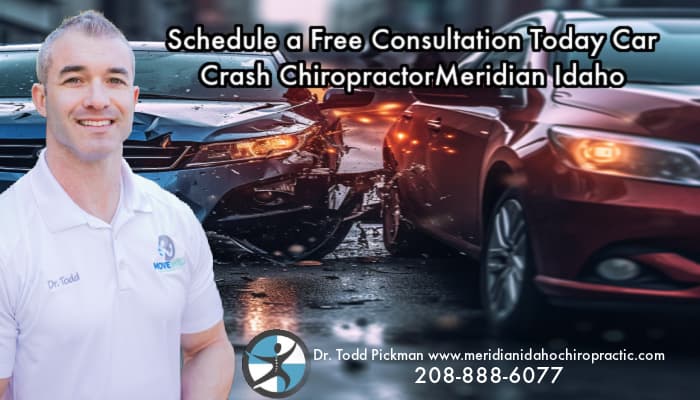 Image of A Meridian Car Collision Accident with text Schedule a Free Consultation Today Car Crash Chiropractor Meridian Idaho