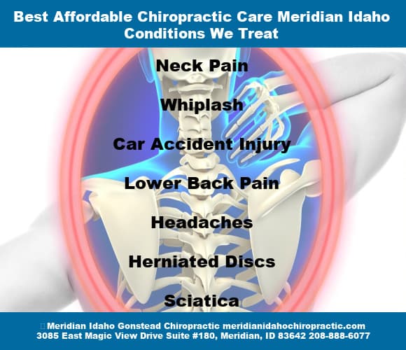 image of spine with text Best Affordable Chiropractic Care Meridian Idaho Conditions We Treat