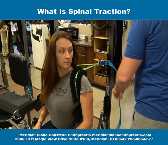 Image of patient in Chiropractic traction with text What Is Spinal Traction- Meridian Idaho Chiropractic